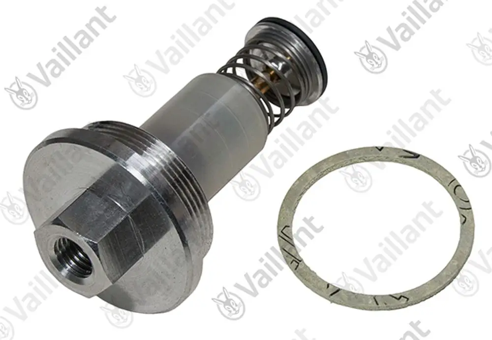 Vaillant Haltemagnet mit einem Metallgehäuse und einer Feder, zusätzlich ein Dichtungselement. Ideal für die Verwendung in Heizungsanlagen.